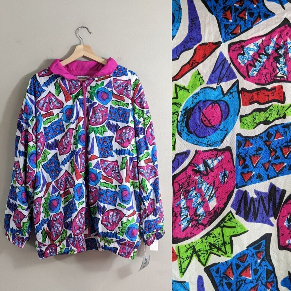 Vibrant 90s Vtg NOS Loud Print Oversized Fit Wind Breaker Jacket Streetwear pink